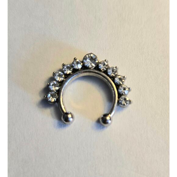 Faux Septum Silver Toned Ring with 11 Rhinestones - Picture 3 of 4